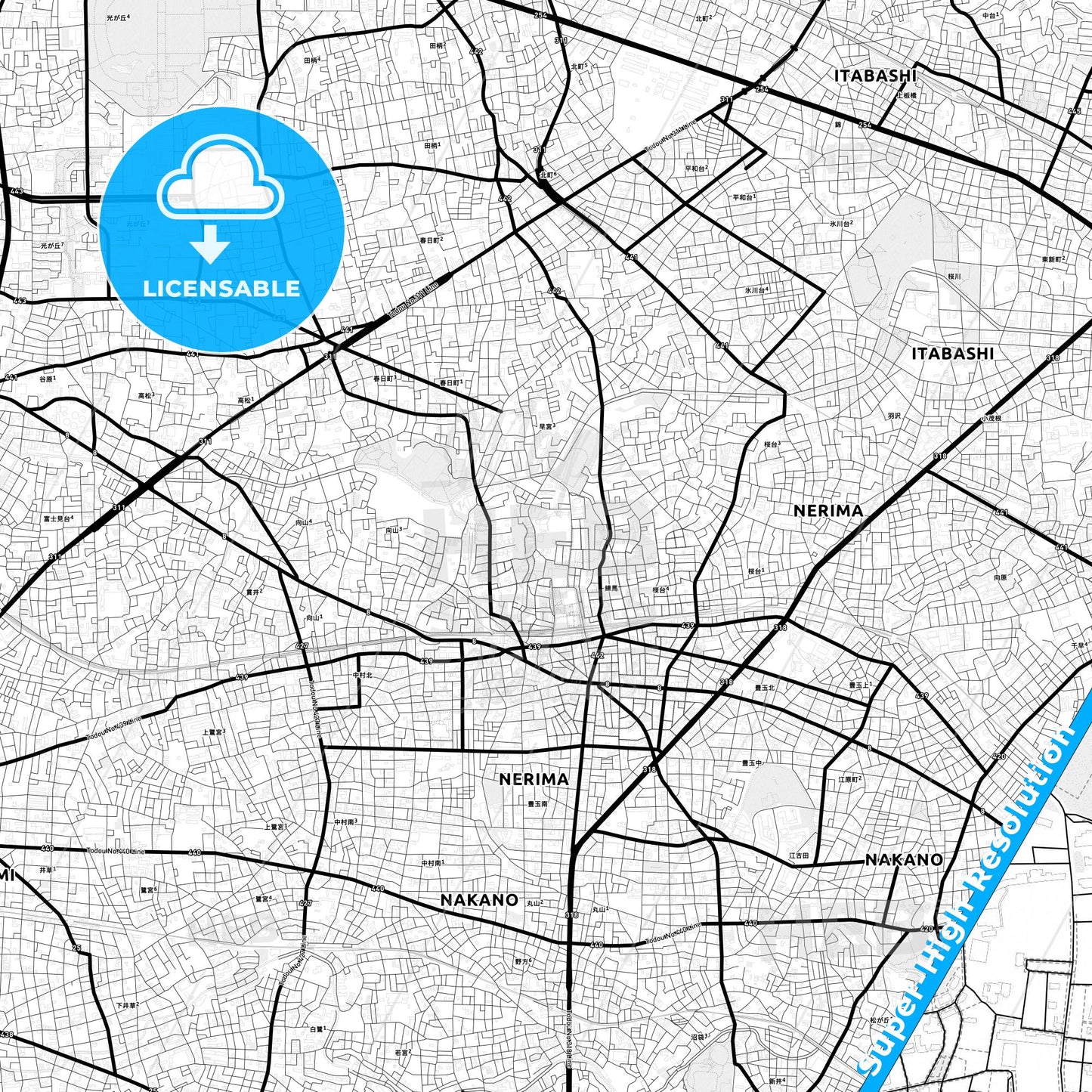 Nerima, Japan Light Map with Street Names, City Names, and Districts