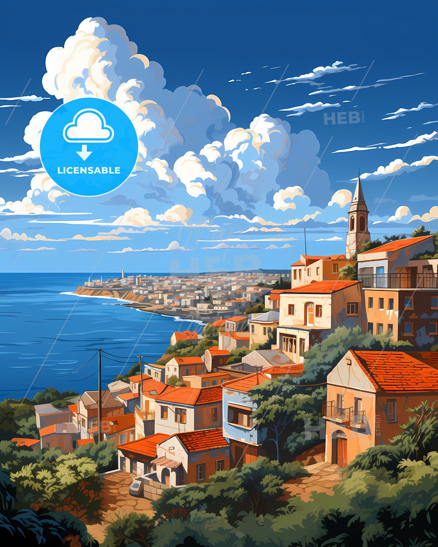 Vibrant Painting Captures Netanya's Hilltop Skyline by the Mediterranean Sea