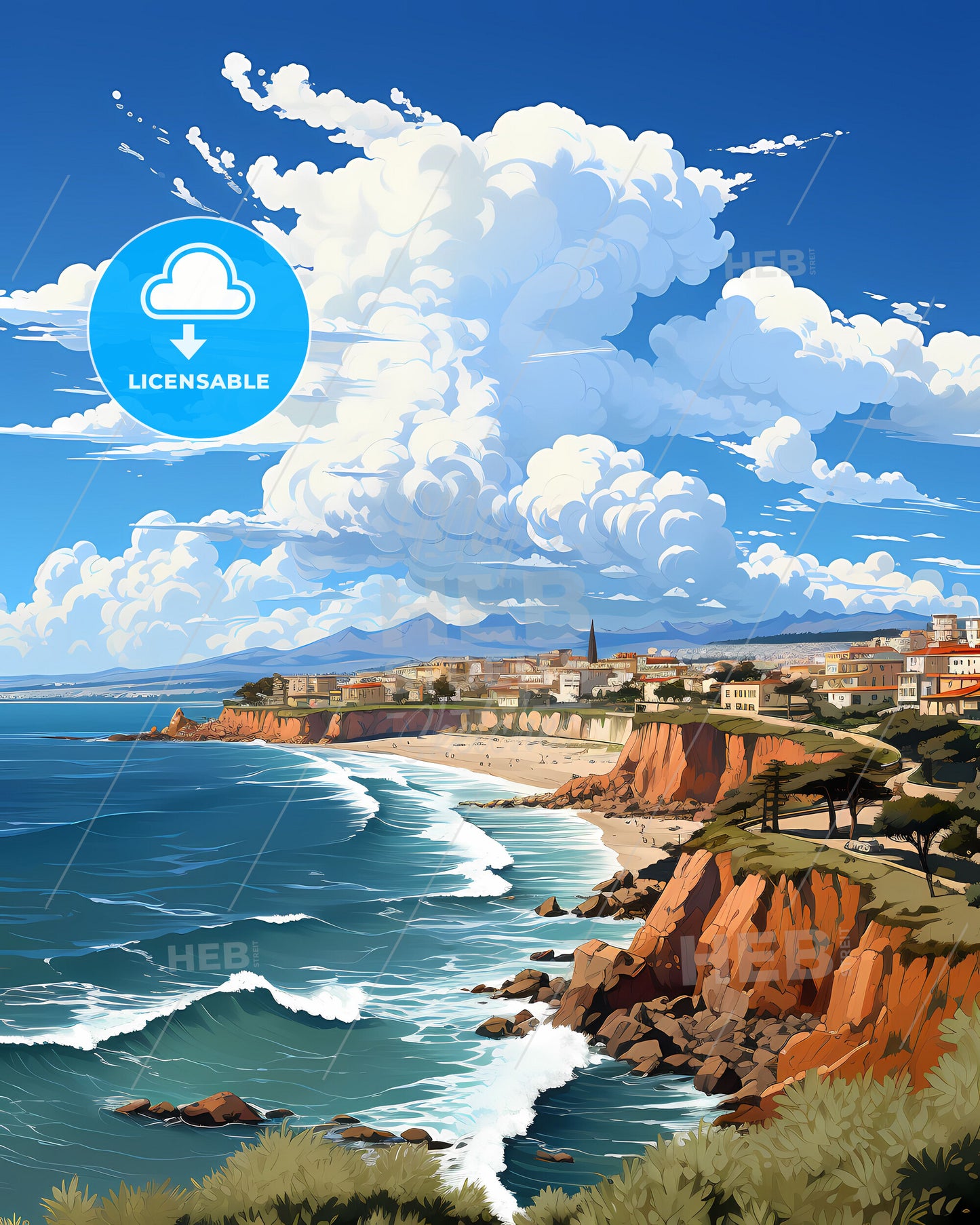 Vibrant Acrylic Painting of Netanya Israel Skyline Depicting a Picturesque Beach and Town Juxtaposition