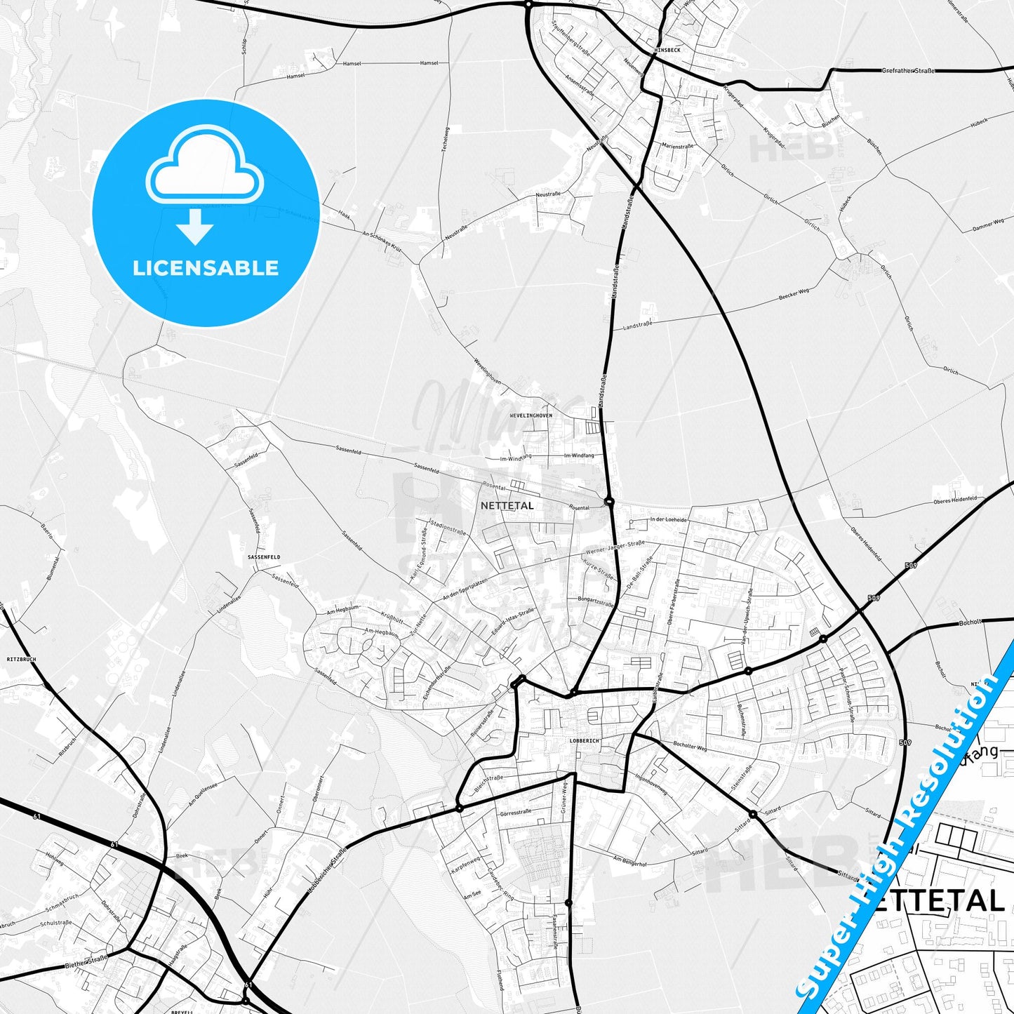 Nettetal, Germany Light Map with Street Names, City Names, and Districts