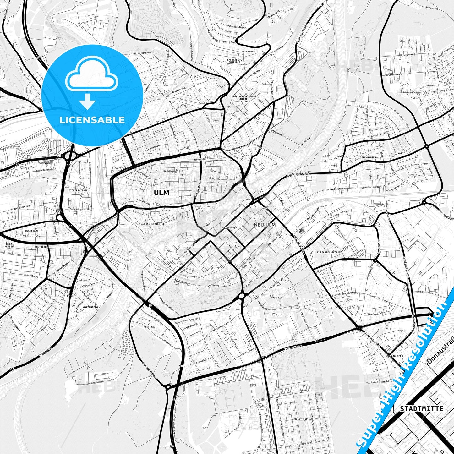 Neu-Ulm, Germany Light Map with Street Names, City Names, and Districts