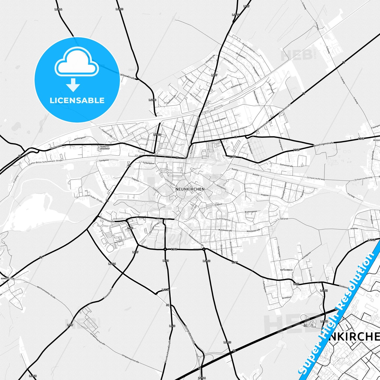 Neunkirchen, Austria Light Map with Street Names, City Names, and Districts
