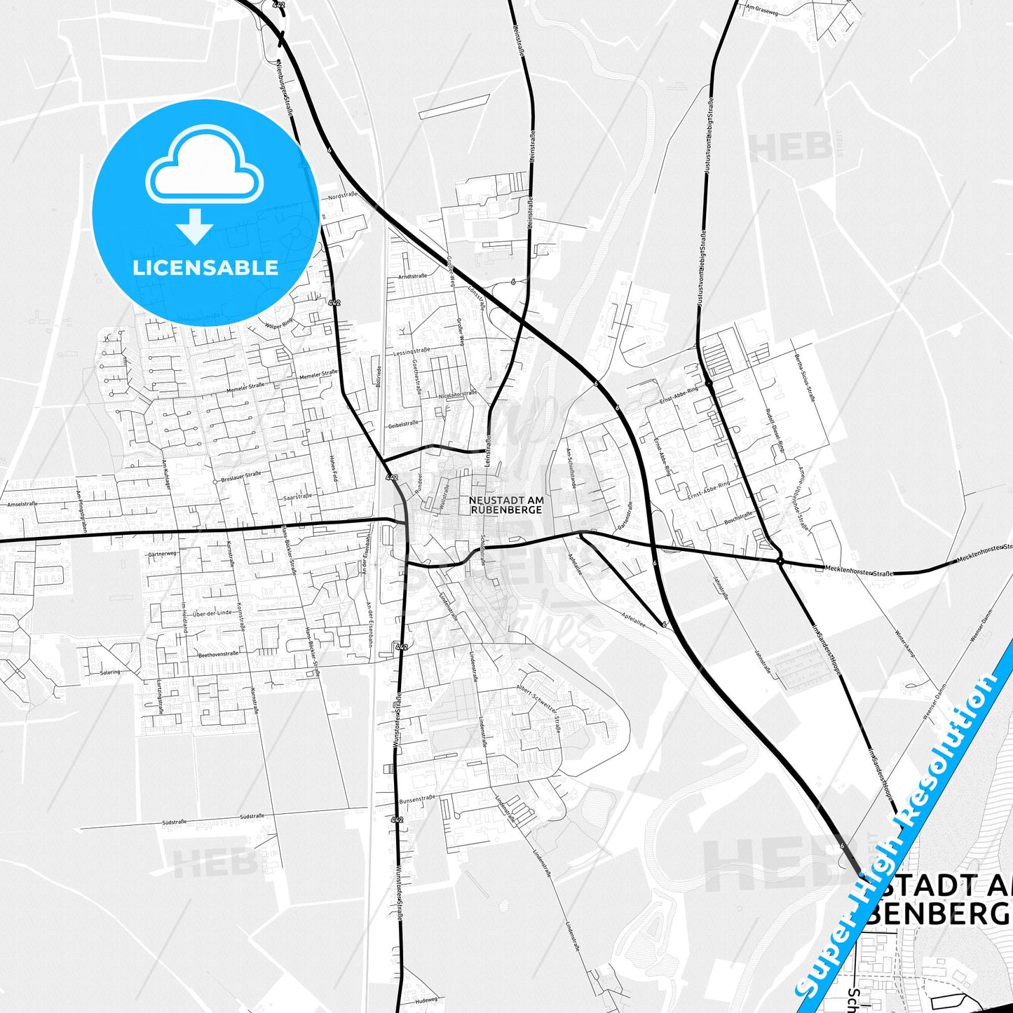 Neustadt am Rubenberge, Germany Light Map with Street Names, City Names, and Districts