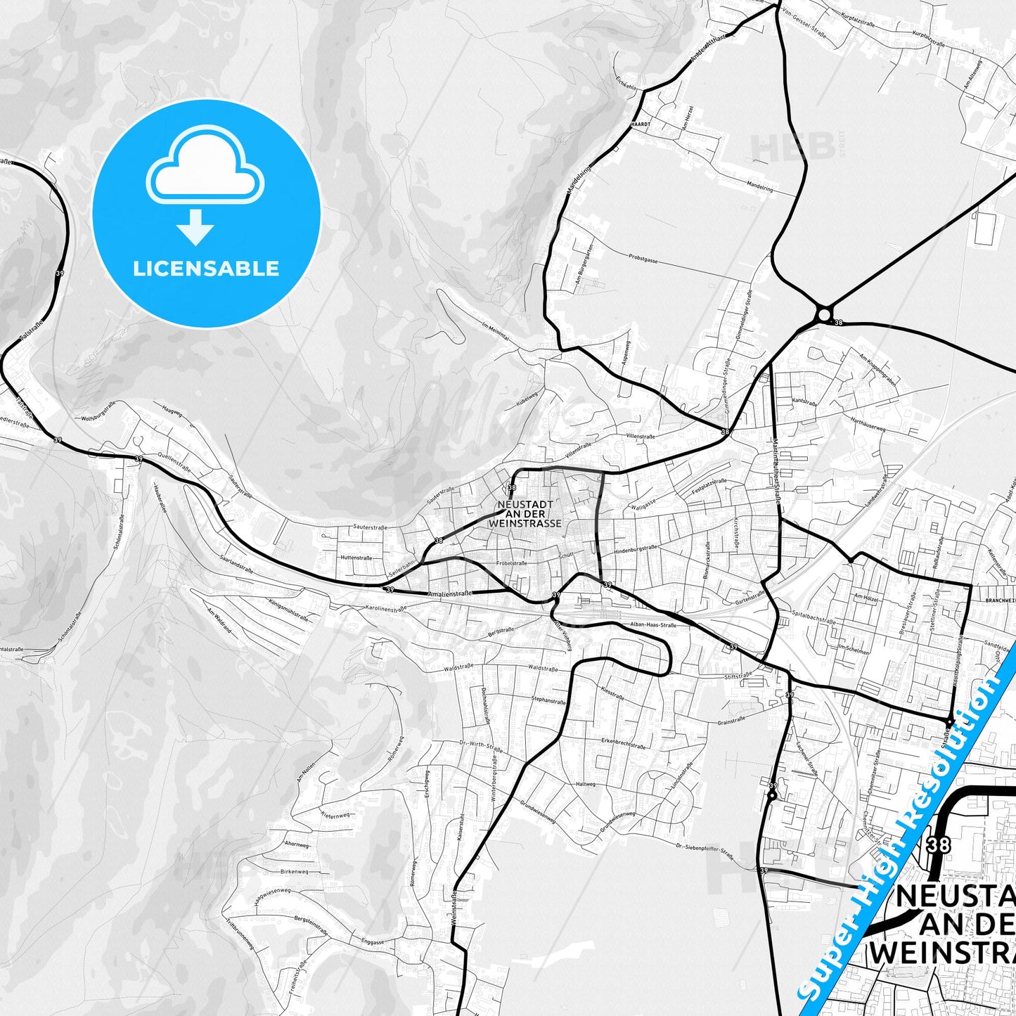 Neustadt an der Weinstraße, Germany Light Map with Street Names, City Names, and Districts