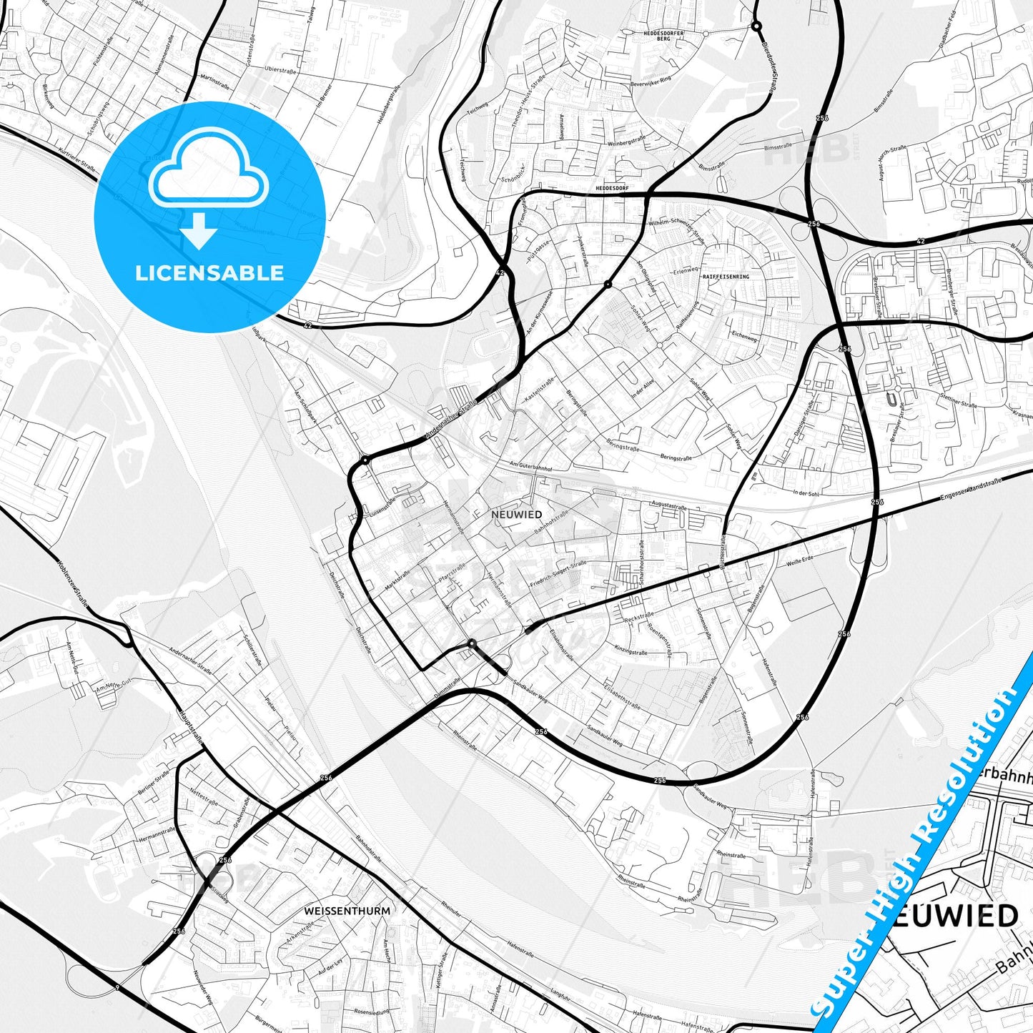 Neuwied, Germany Light Map with Street Names, City Names, and Districts
