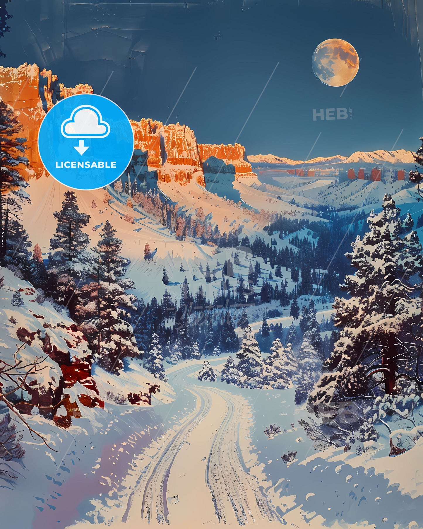 Art Print Nevada - Colorful Oil Painting Winter Landscape Snowy Mountain Valley Scenic Road