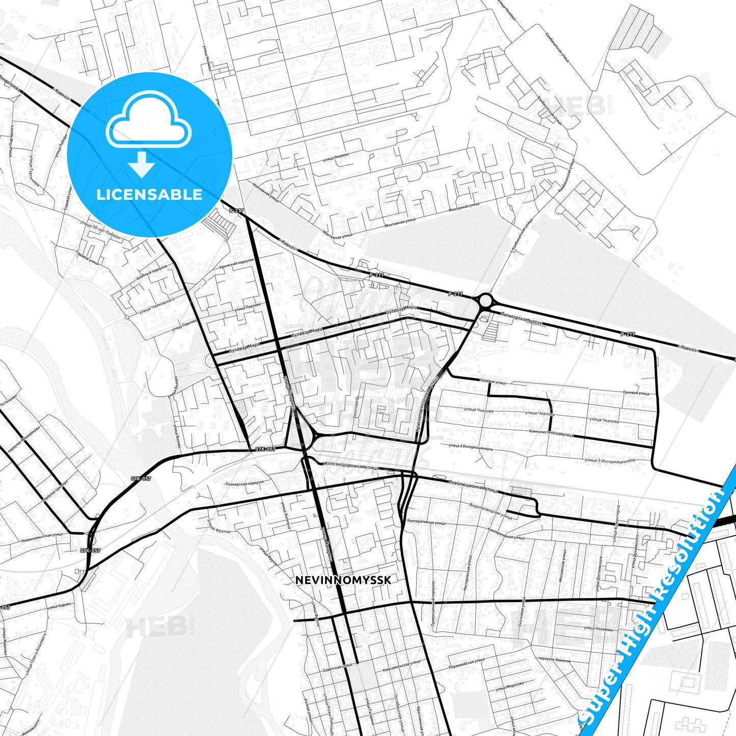 Nevinnomyssk, Russia Light Map with Street Names, City Names, and Districts