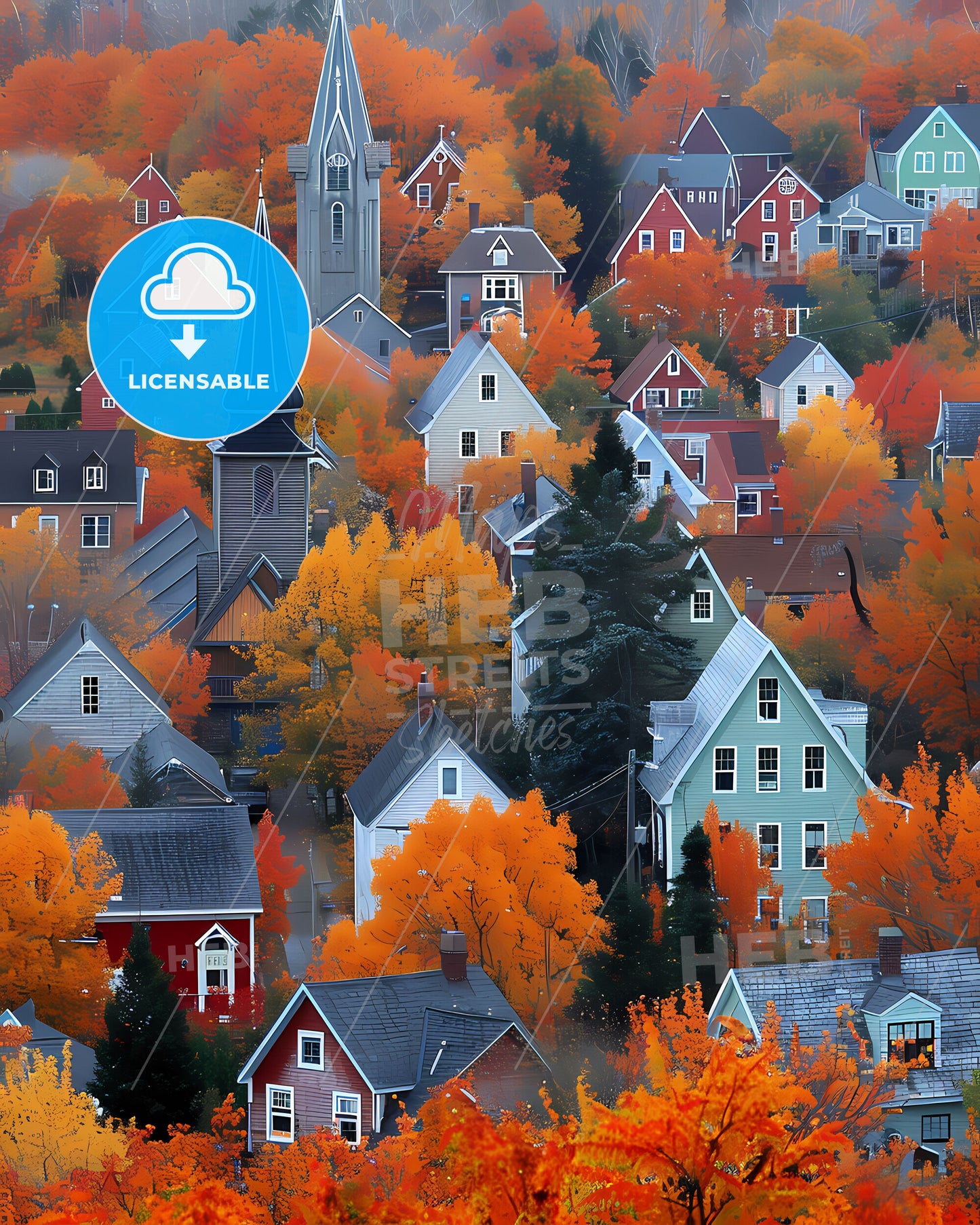 Vibrant Acrylic Painting of Charming Houses and Orange Trees in New Brunswick, Canada