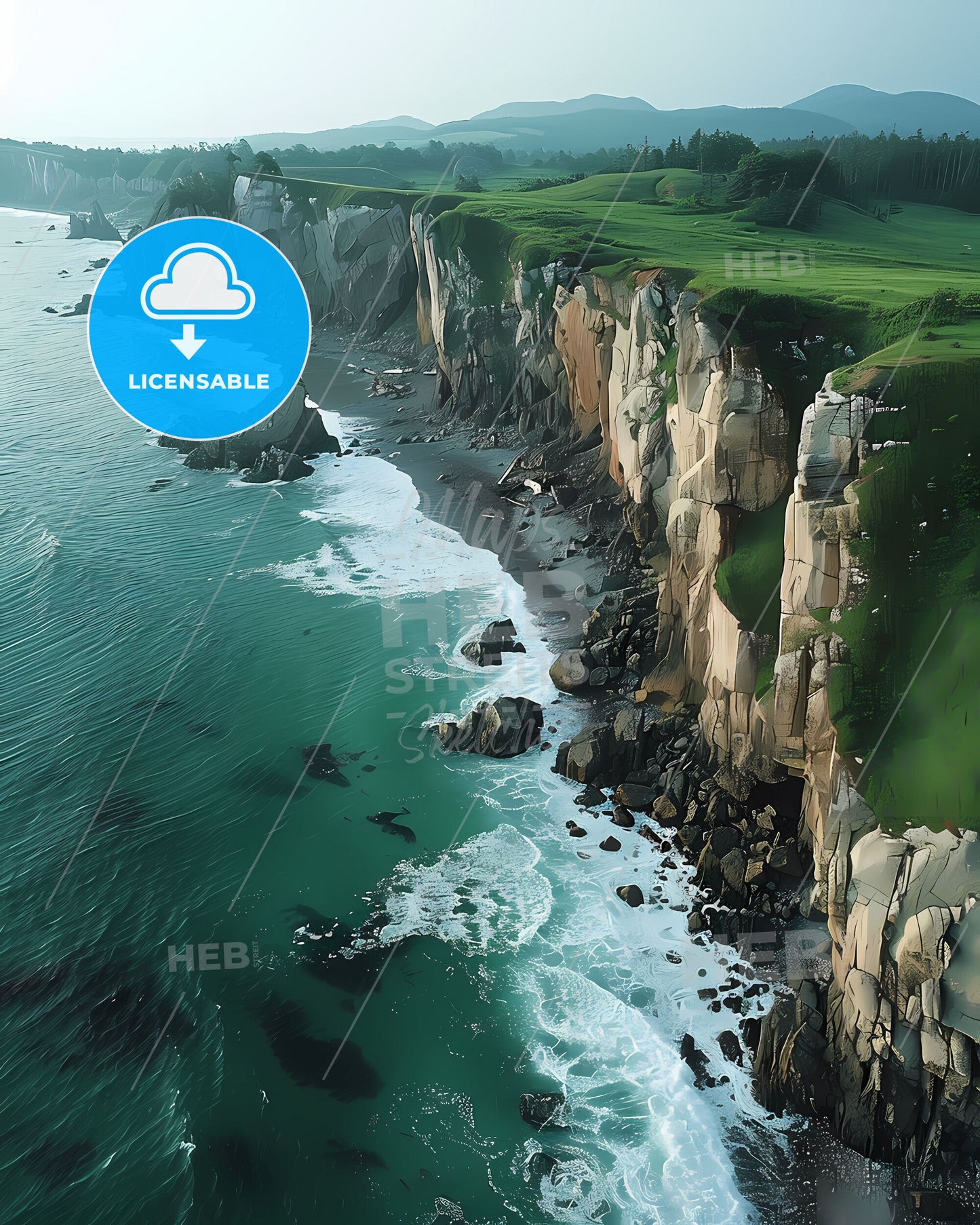 Painting of New Brunswick Cliff with Grass and Water in Canada