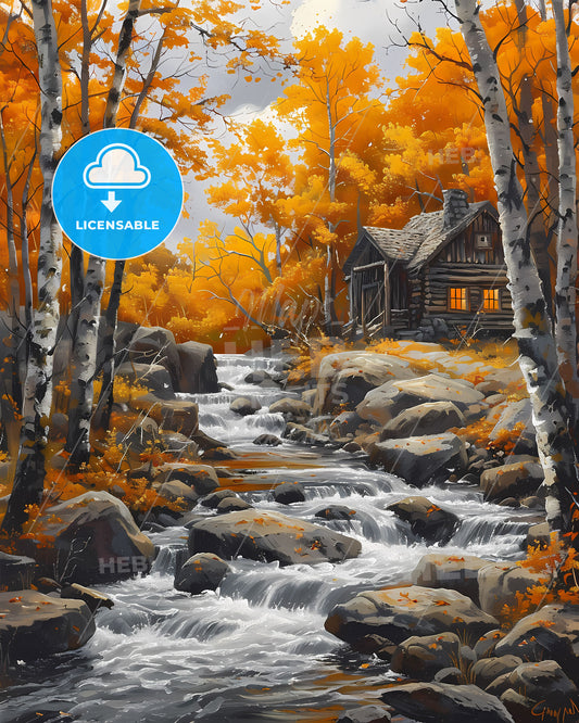 Vibrant Forest River Scene Painting, New Hampshire USA