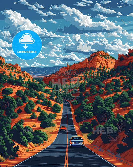 Vibrant Painting Depicting the Scenic Road Through Canyon, New Mexico