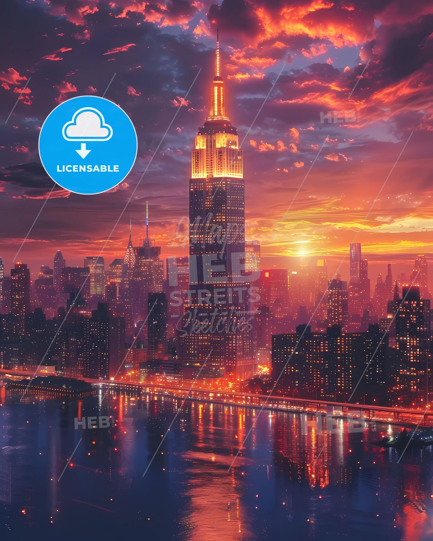 Vibrant New York City Skyline Painting: Manhattan Art with Brooklyn Bridge and River