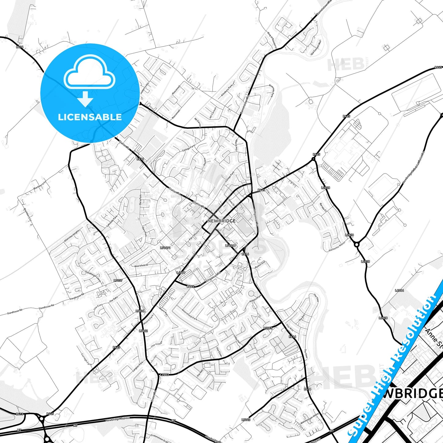 Newbridge, Ireland Light Map with Street Names, City Names, and Districts
