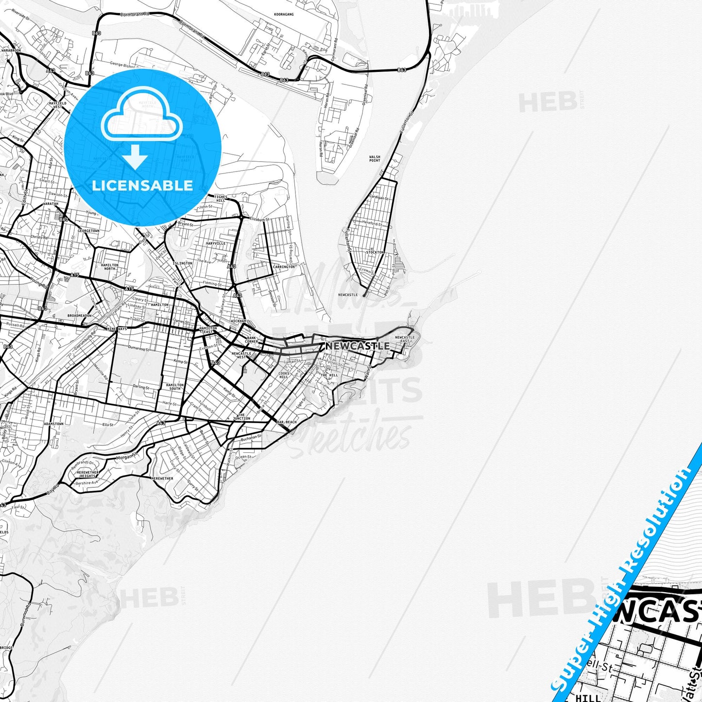 Newcastle–Maitland, Australia Light Map with Street Names, City Names, and Districts