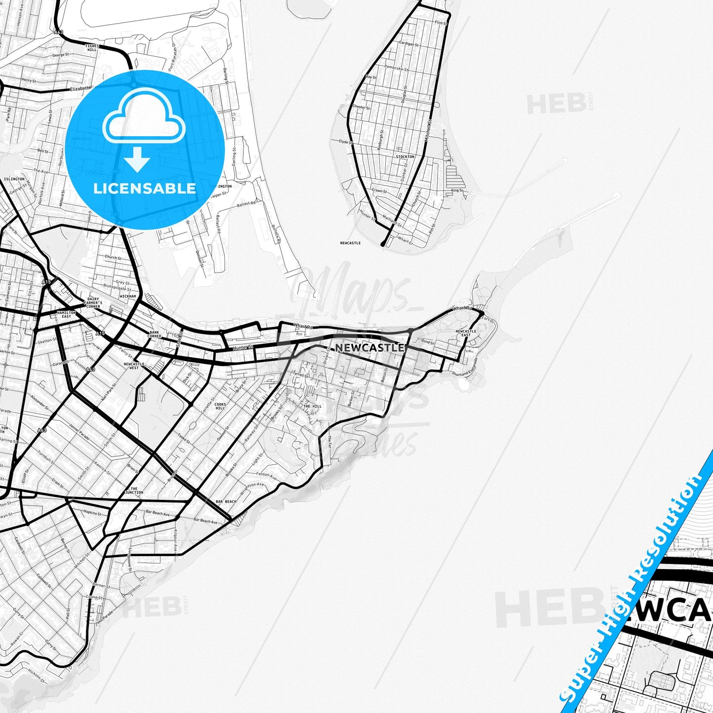 Newcastle–Maitland, Australia Light Map with Street Names, City Names, and Districts
