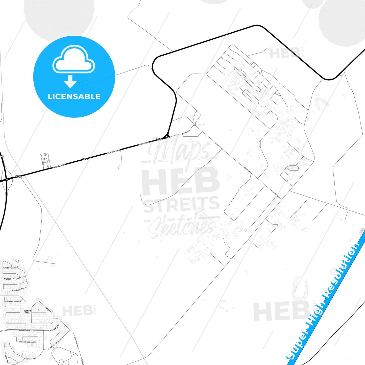 Newcastle, South Africa Light Map with Street Names, City Names, and Districts