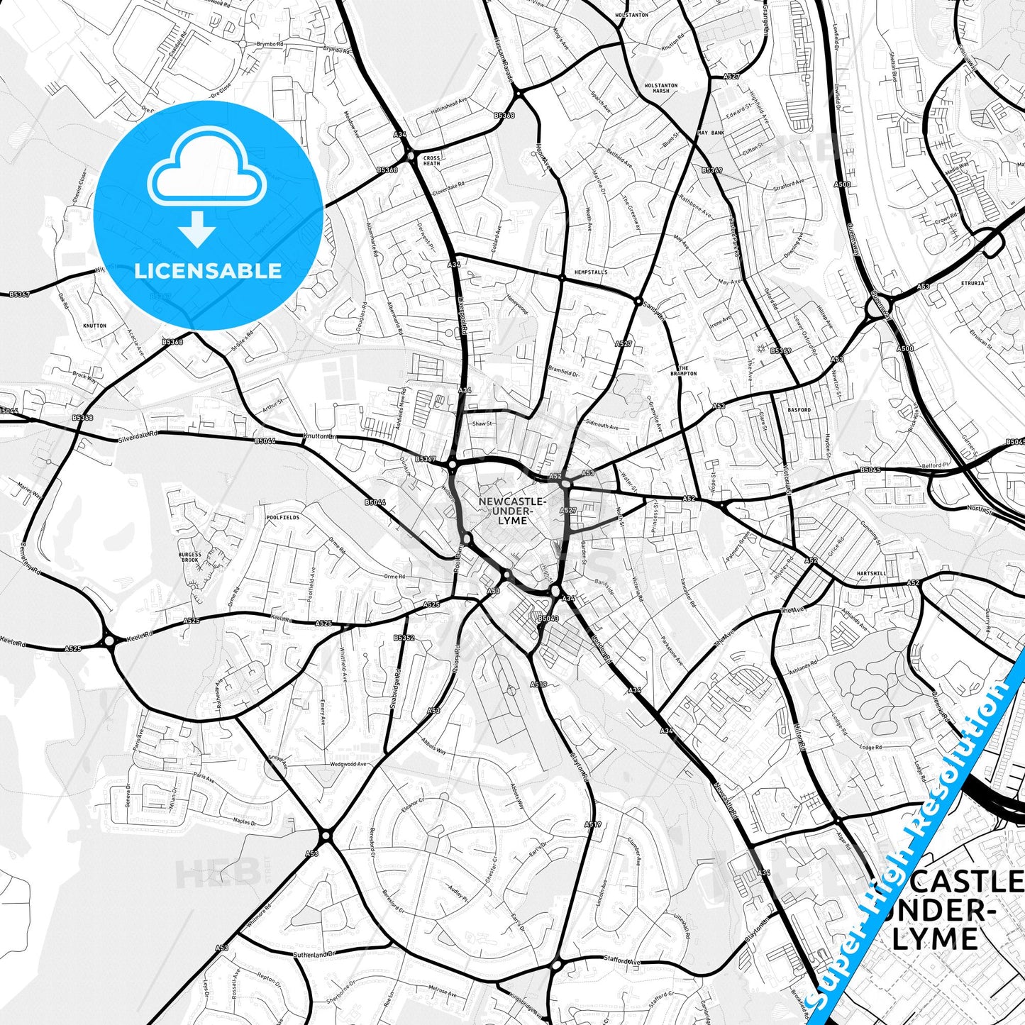 Newcastle-under-Lyme, England Light Map with Street Names, City Names, and Districts