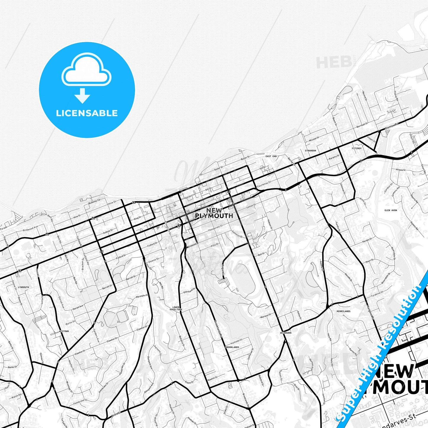 New Plymouth, New Zealand Light Map with Street Names, City Names, and Districts