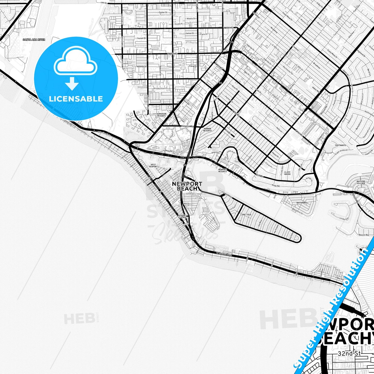 Newport Beach, California Light Map with Street Names, City Names, and Districts