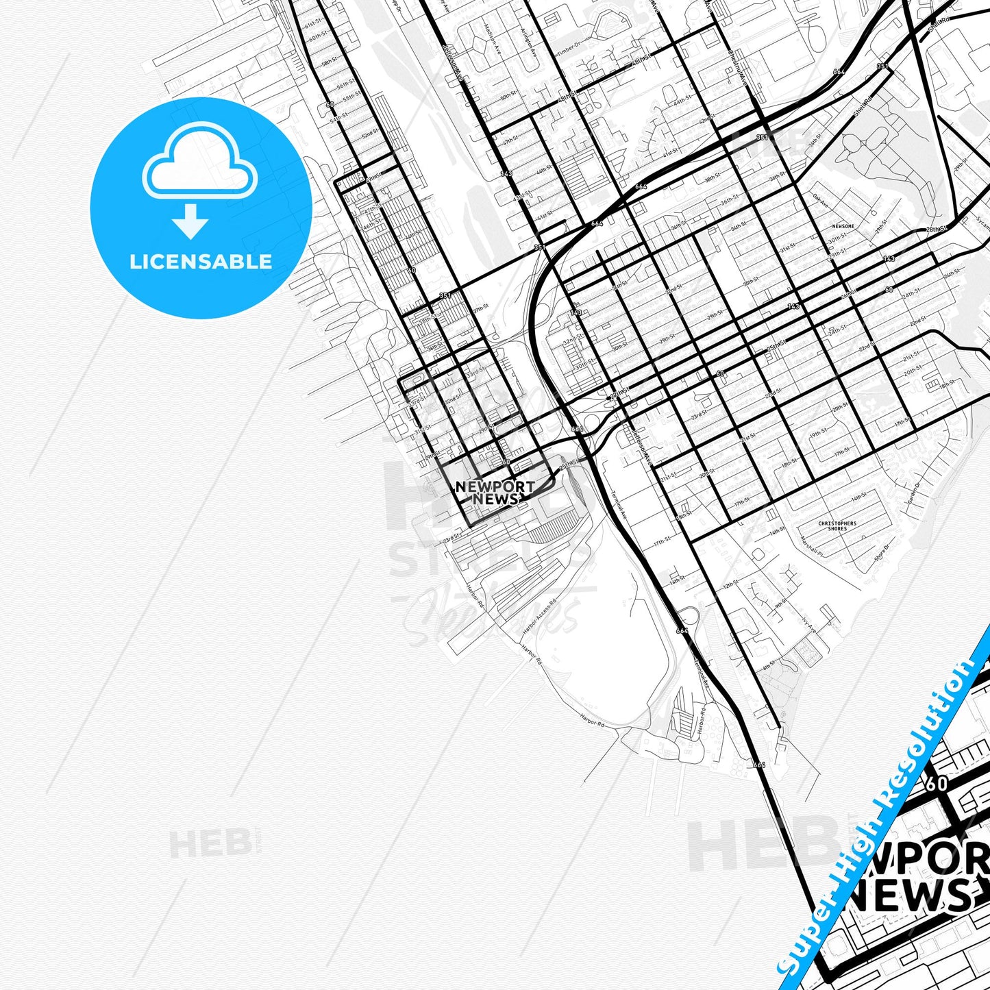 Newport News, Virginia Light Map with Street Names, City Names, and Districts