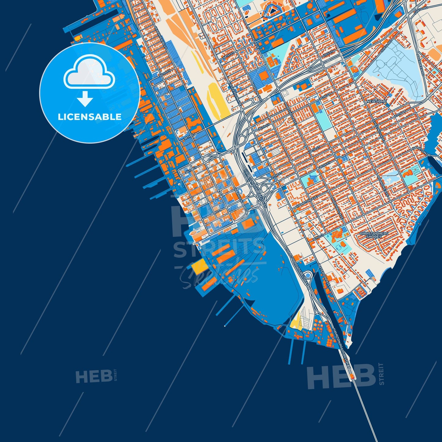 Colorful Newport News Street Map with Labels and Buildings