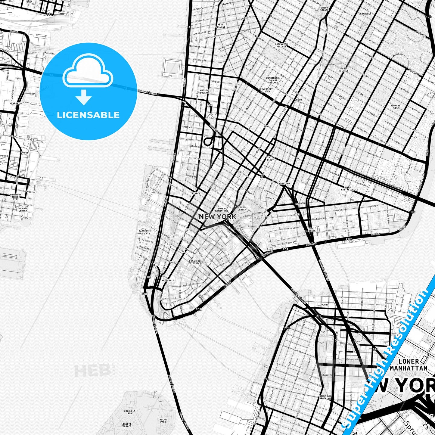 New York City, United States Light Map with Street Names, City Names, and Districts
