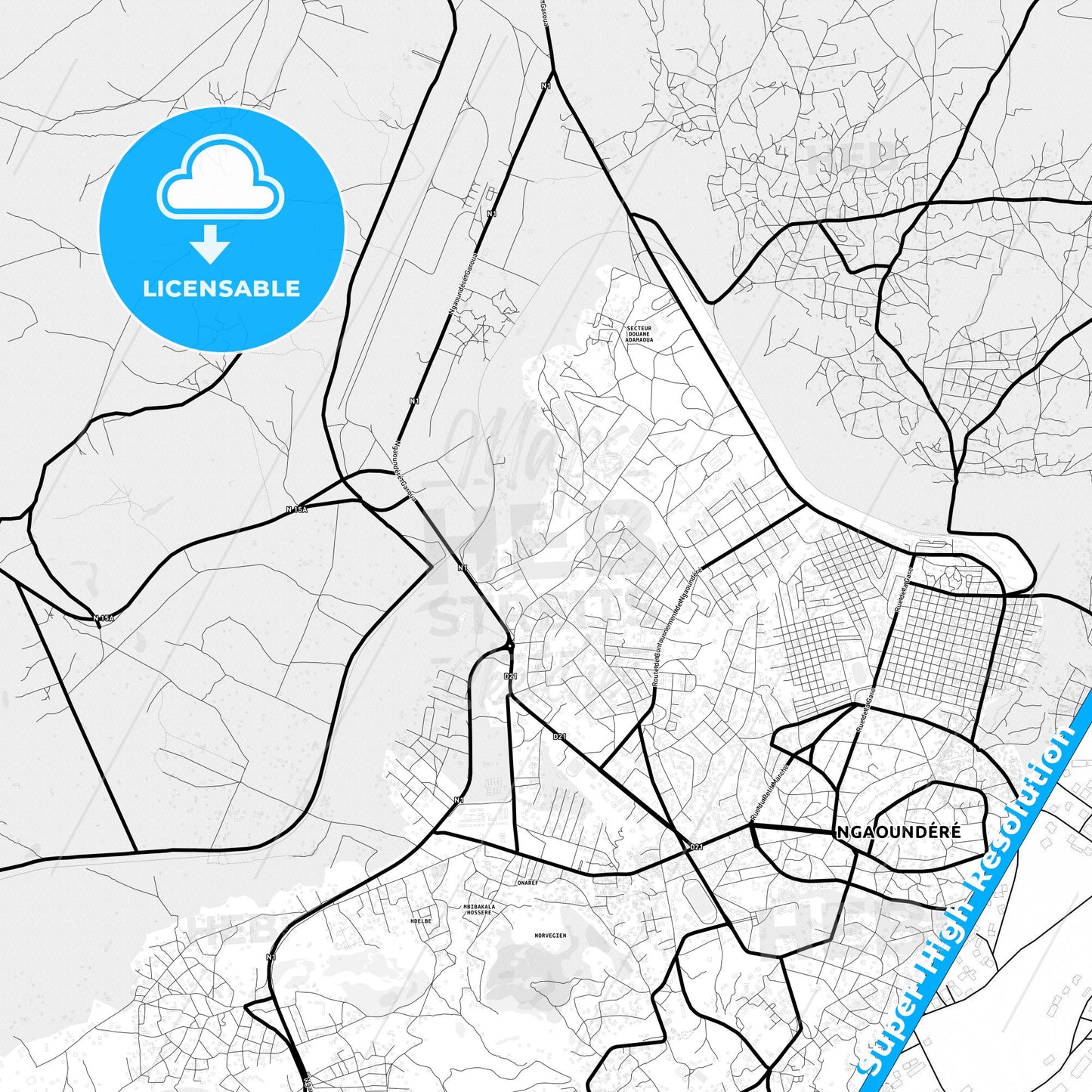 Ngaoundere, Cameroon Light Map with Street Names, City Names, and Districts