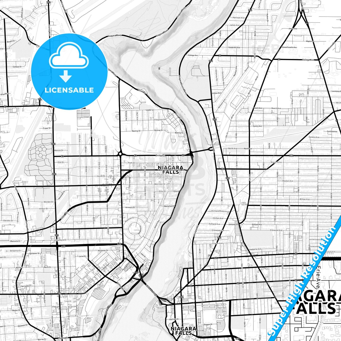 Niagara Falls, Canada Light Map with Street Names, City Names, and Districts