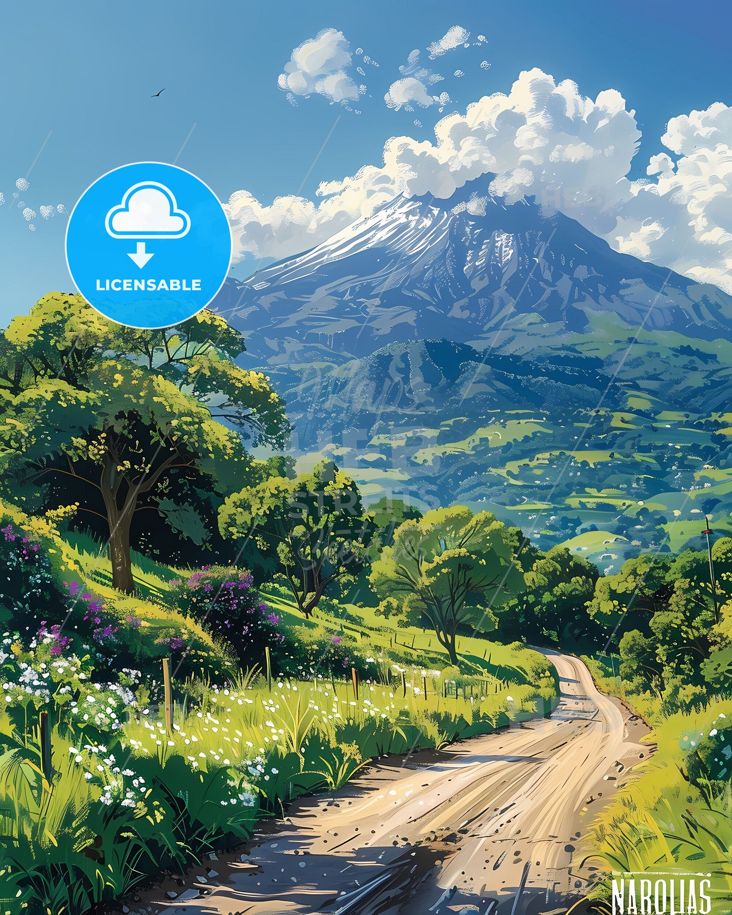 Artistic Landscape Painting of Nicaragua, North America: Mountain, Valley, Dirt Road, Vibrant Colors