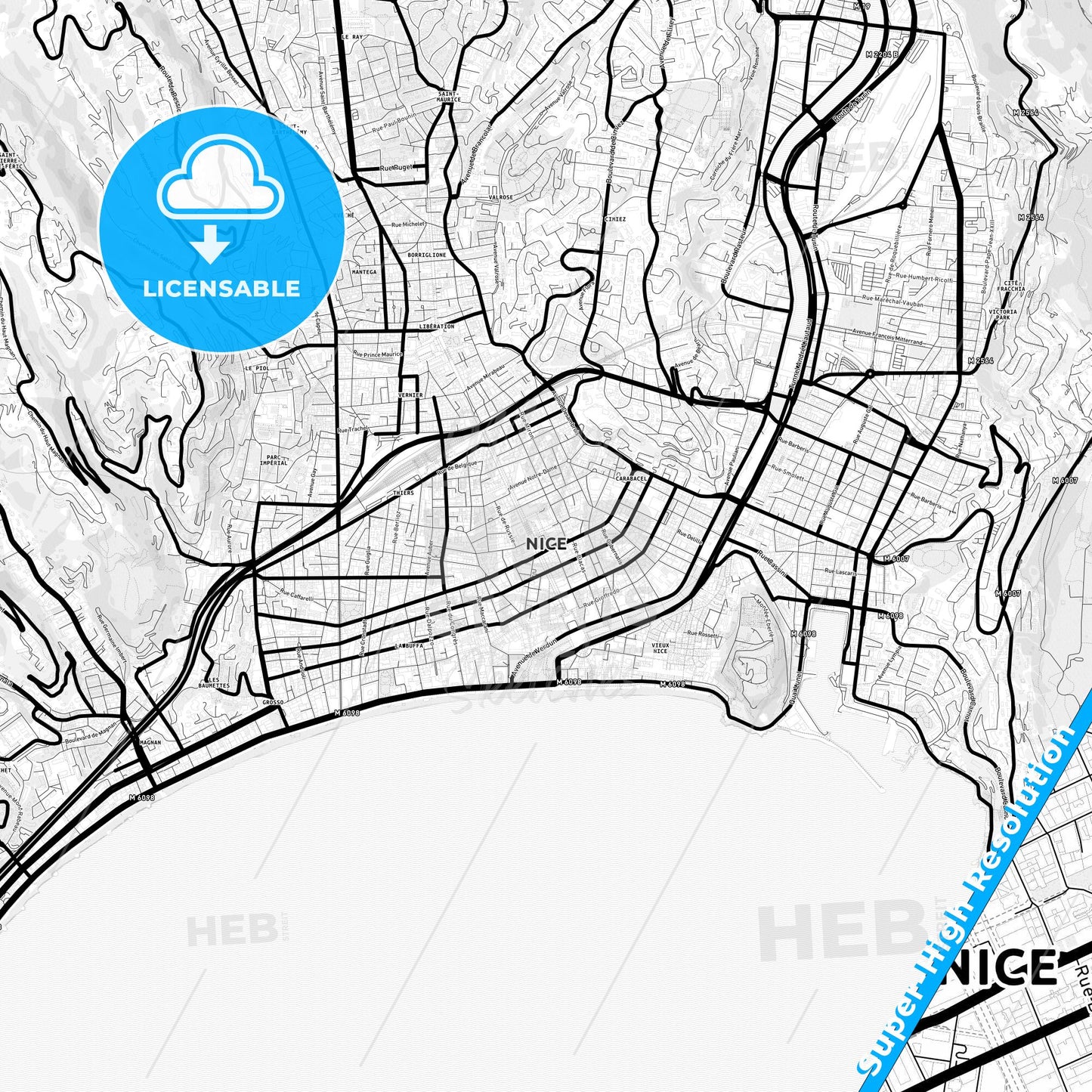 Nice, France Light Map with Street Names, City Names, and Districts