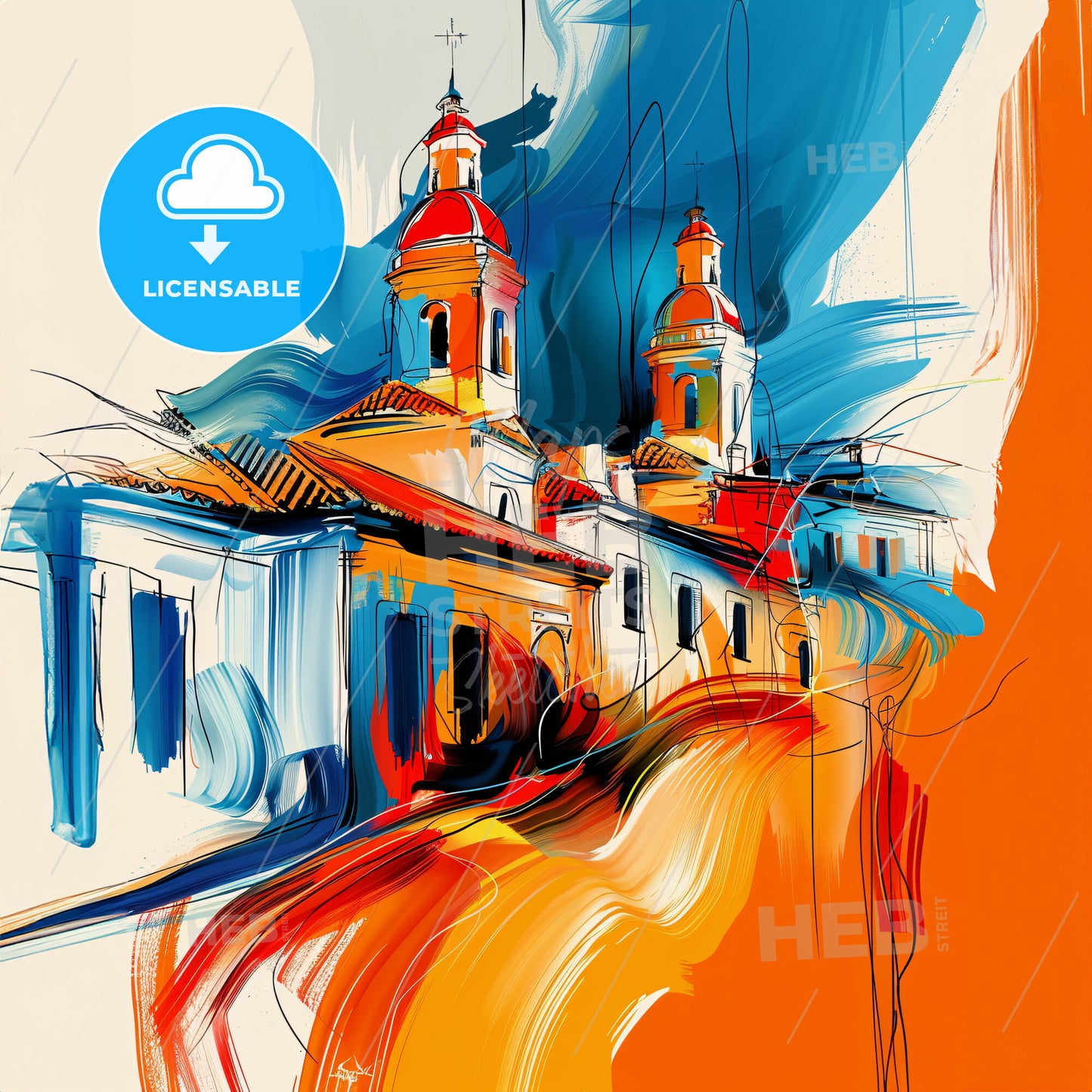 Vibrant Nicosia , Cyprus - A Painting Of A Building With A Colorful Background