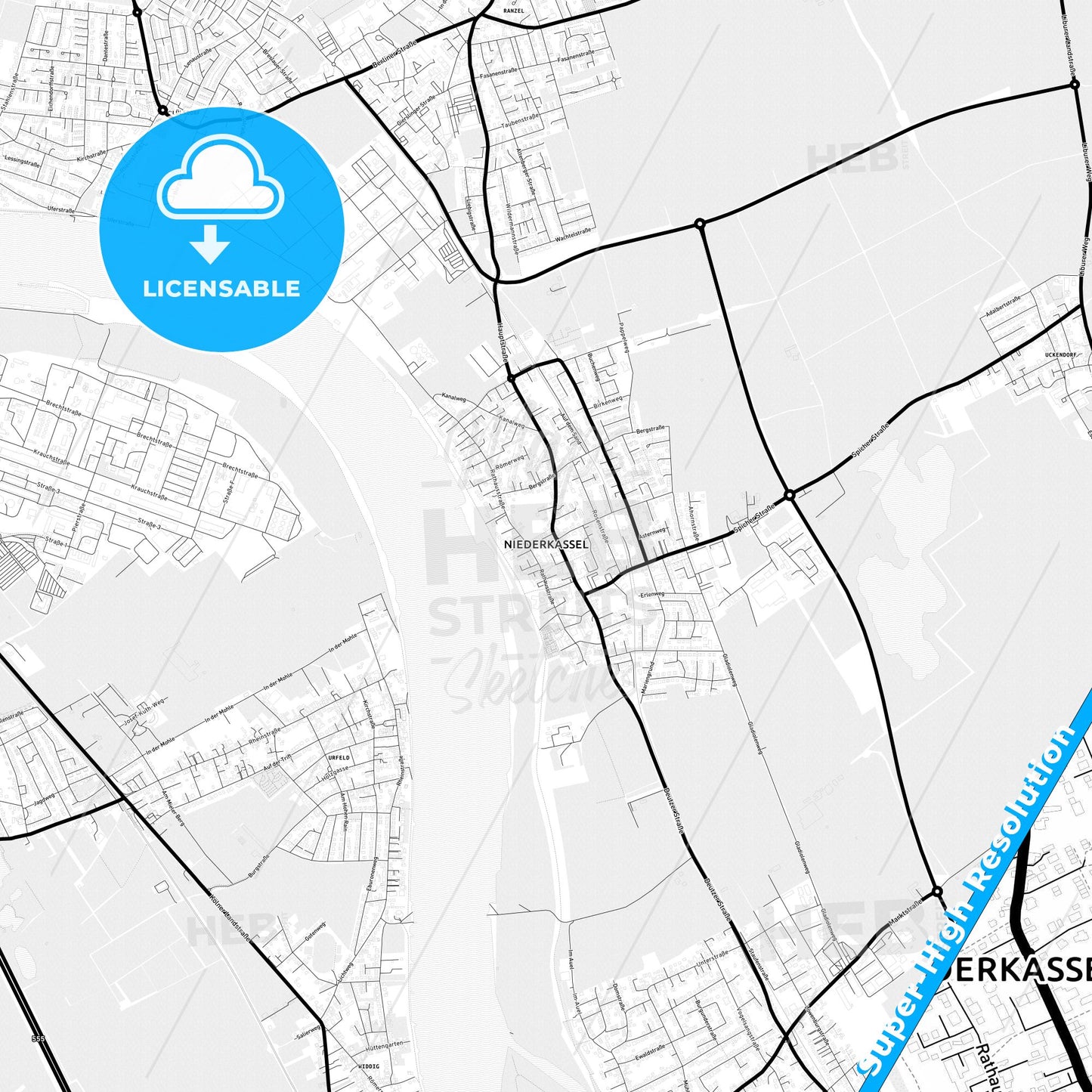 Niederkassel, Germany Light Map with Street Names, City Names, and Districts