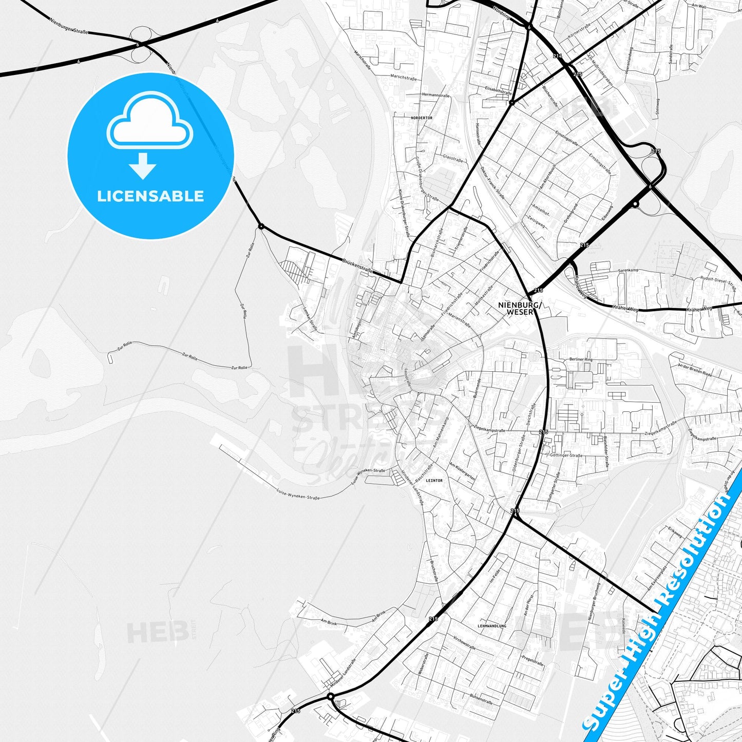 Nienburg/Weser, Germany Light Map with Street Names, City Names, and Districts