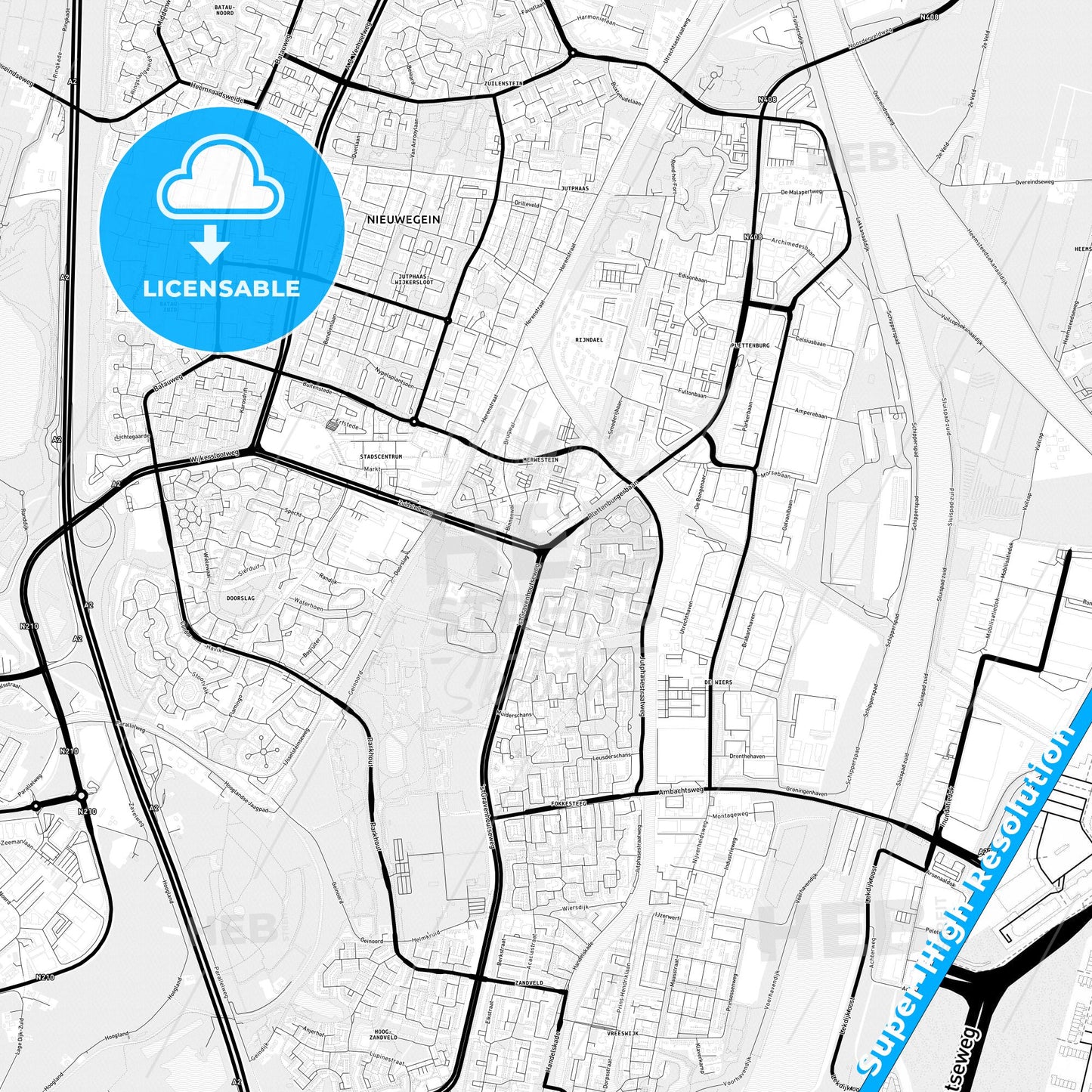 Nieuwegein, Netherlands Light Map with Street Names, City Names, and Districts