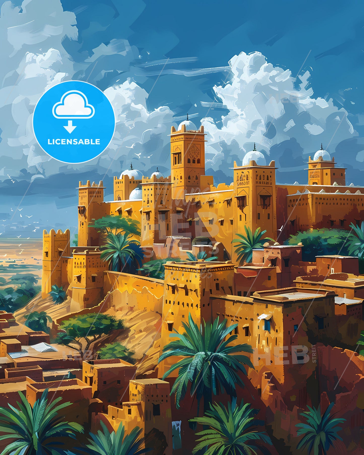 Vibrant African Castle Painting of Niger with Palm Trees on a Hill