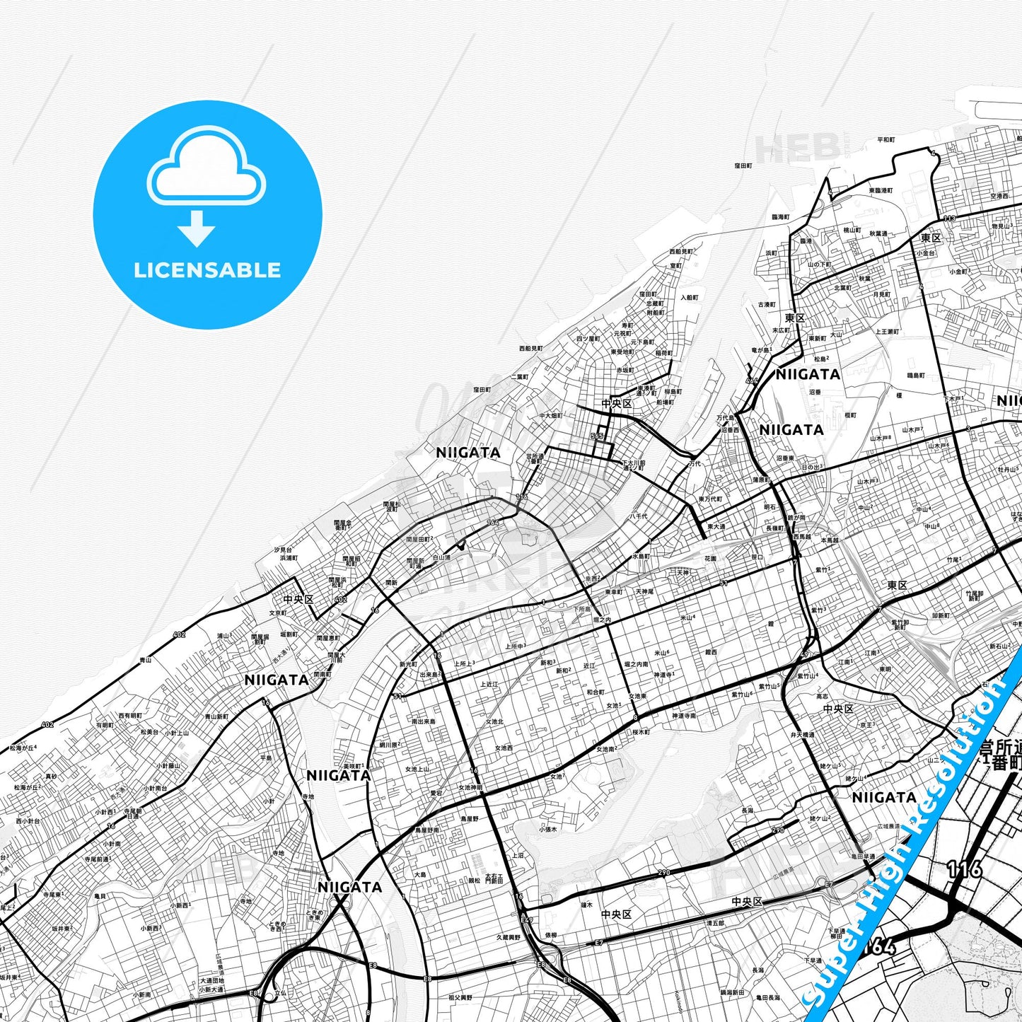 Niigata, Japan Light Map with Street Names, City Names, and Districts