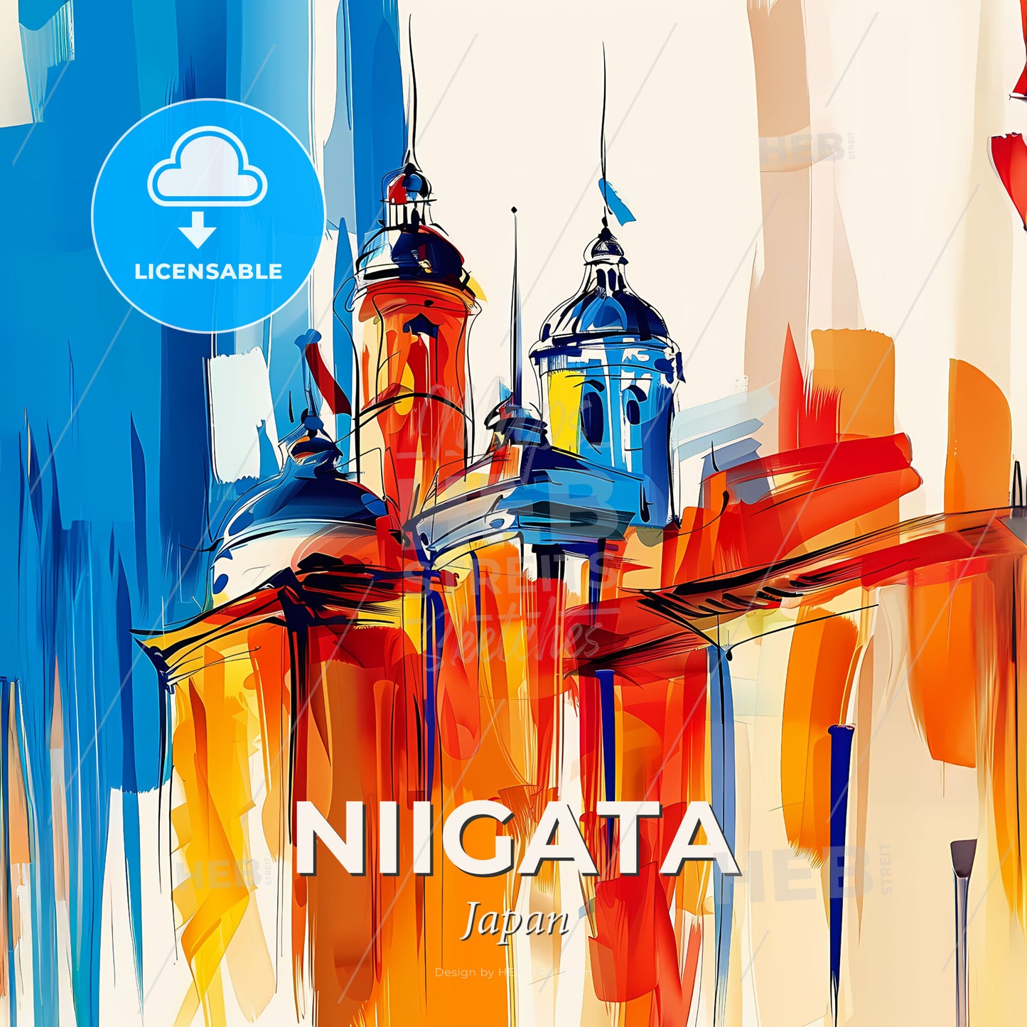 Vibrant Niigata, Japan - A Painting Of A Building With Towers - Square format print template