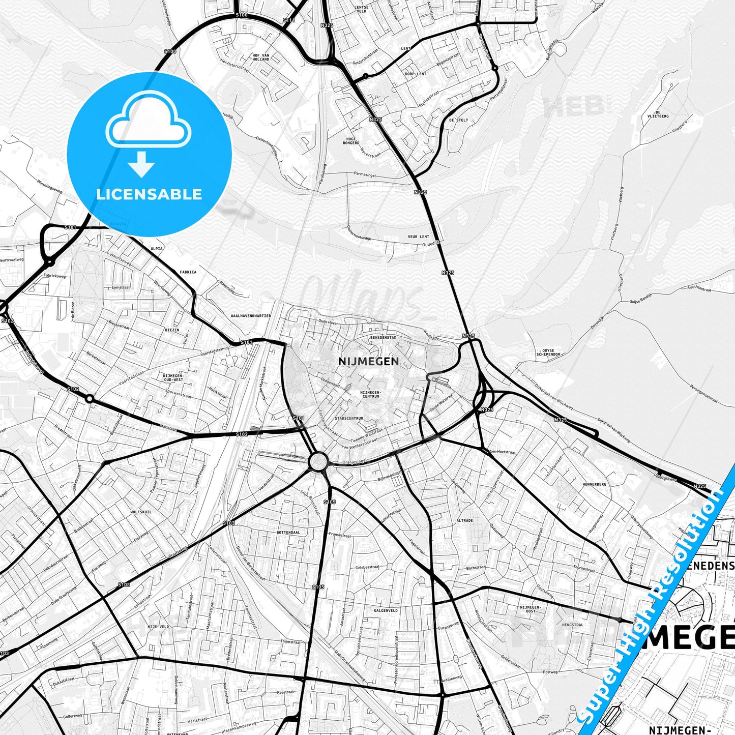 Nijmegen, Netherlands Light Map with Street Names, City Names, and Districts