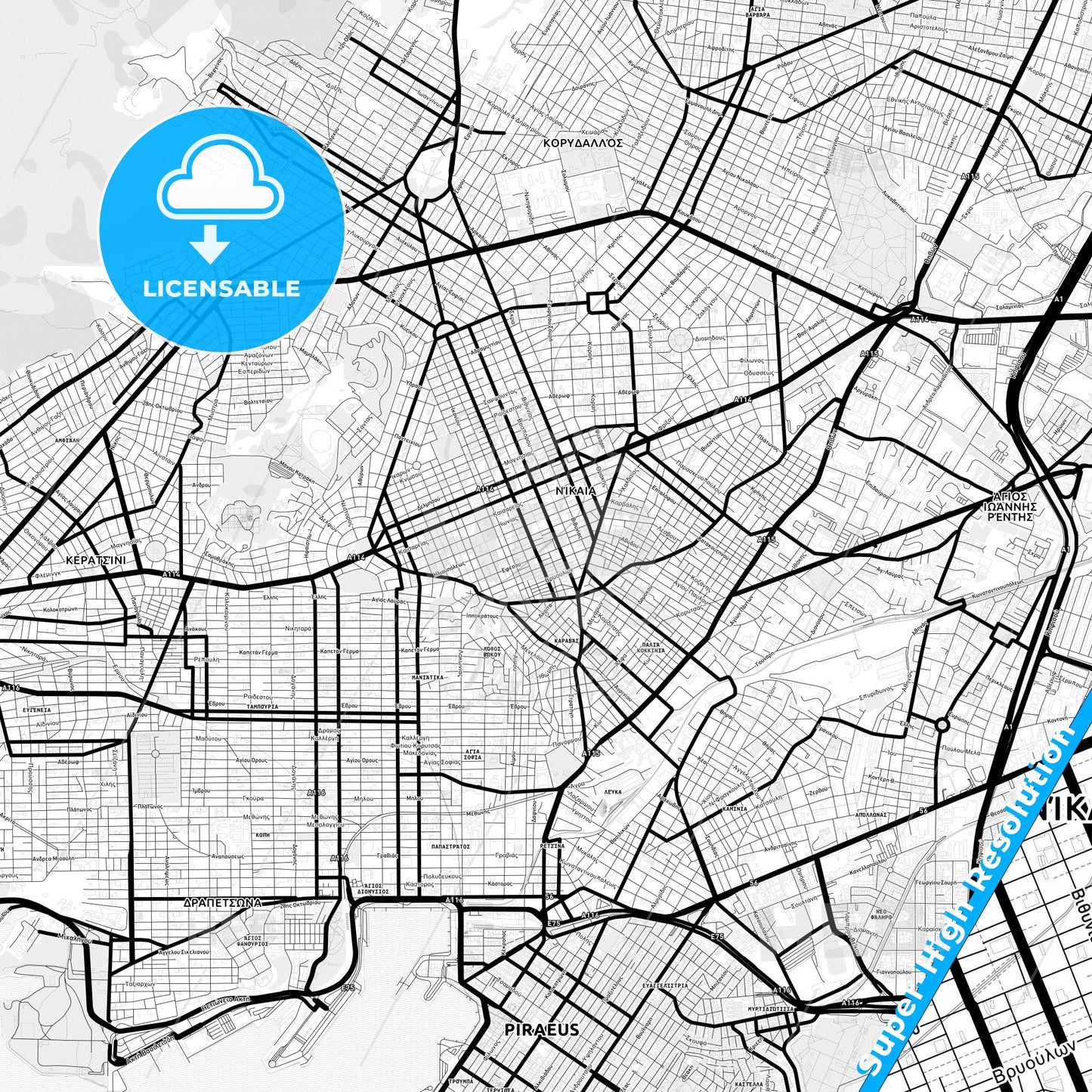 Nikaia, Greece Light Map with Street Names, City Names, and Districts