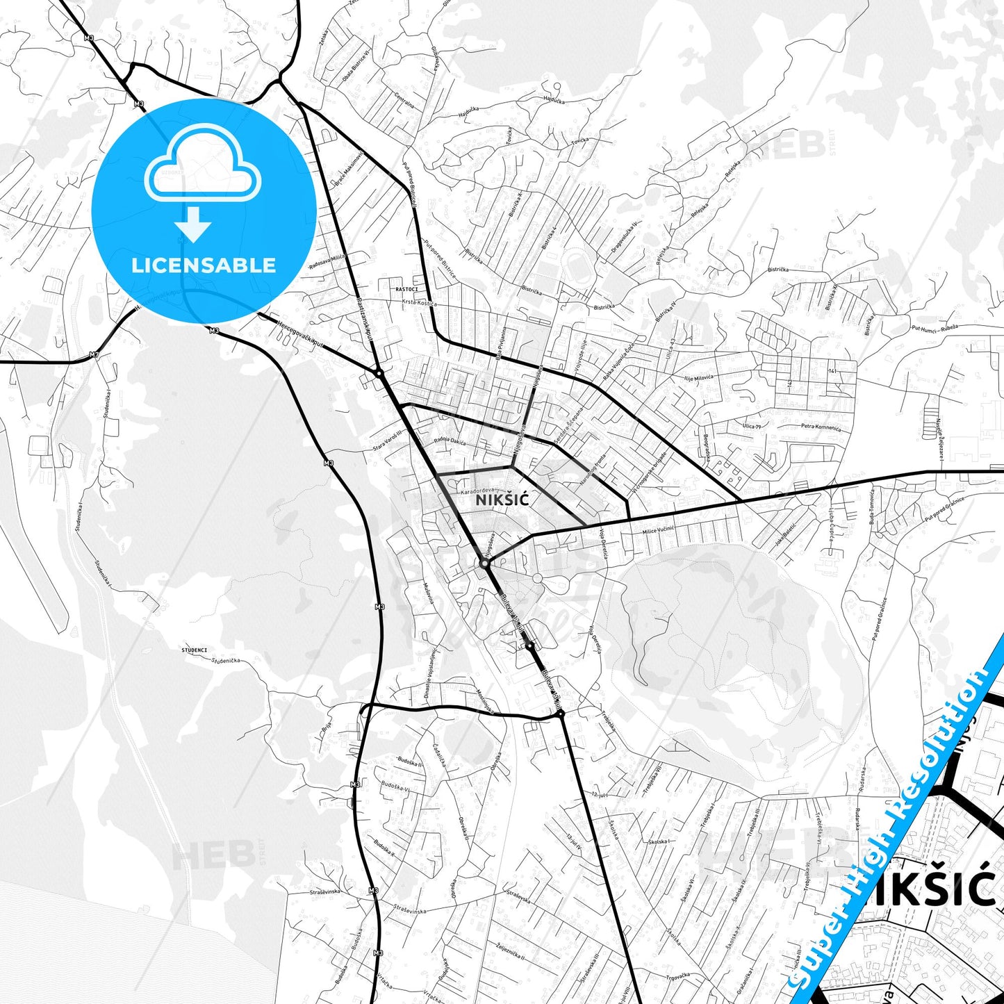Nikšić, Montenegro Light Map with Street Names, City Names, and Districts