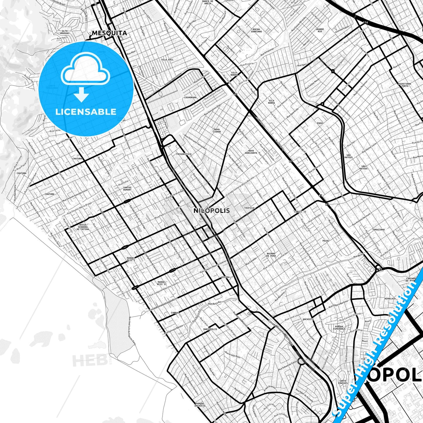 Nilopolis, Brazil Light Map with Street Names, City Names, and Districts