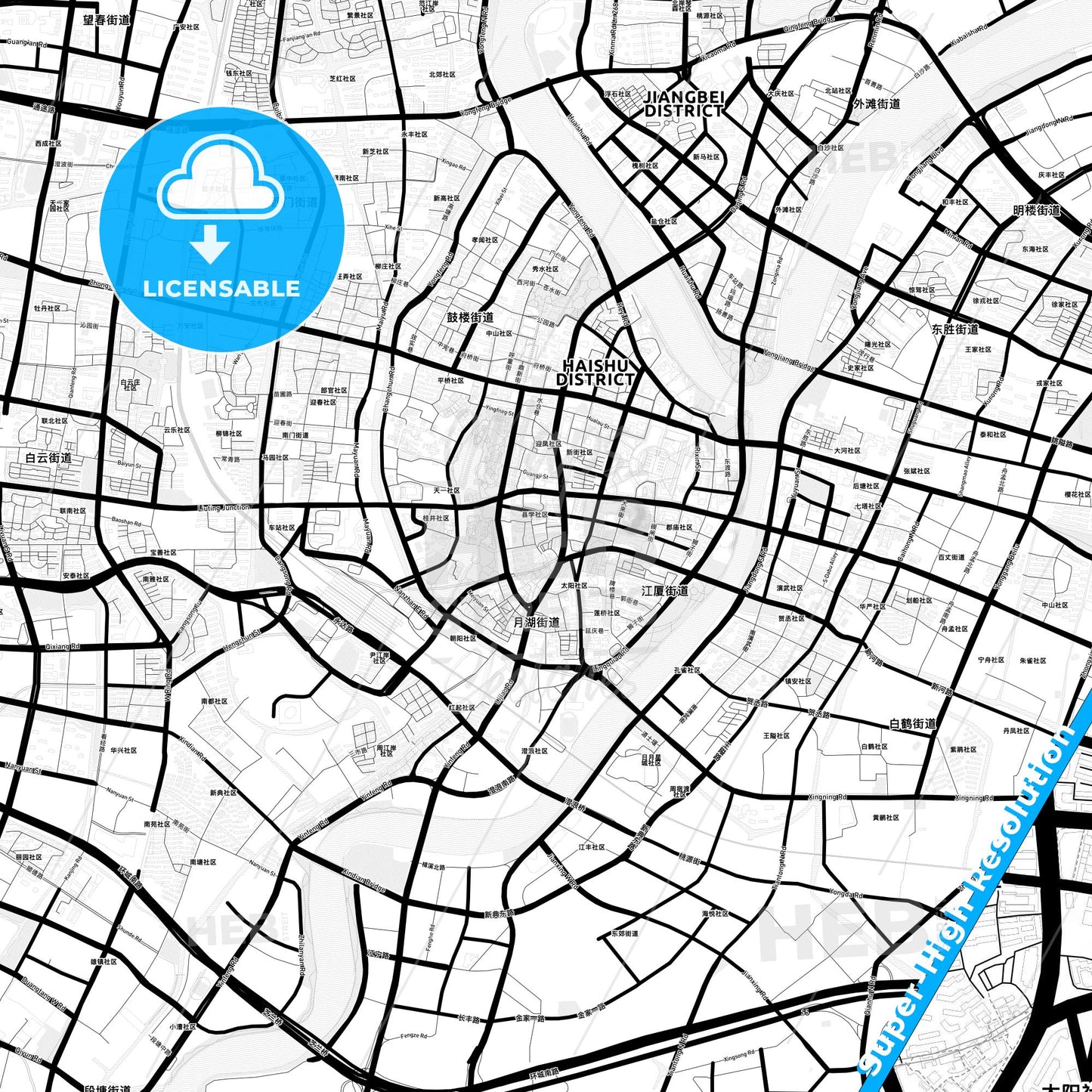Ningbo, China Light Map with Street Names, City Names, and Districts