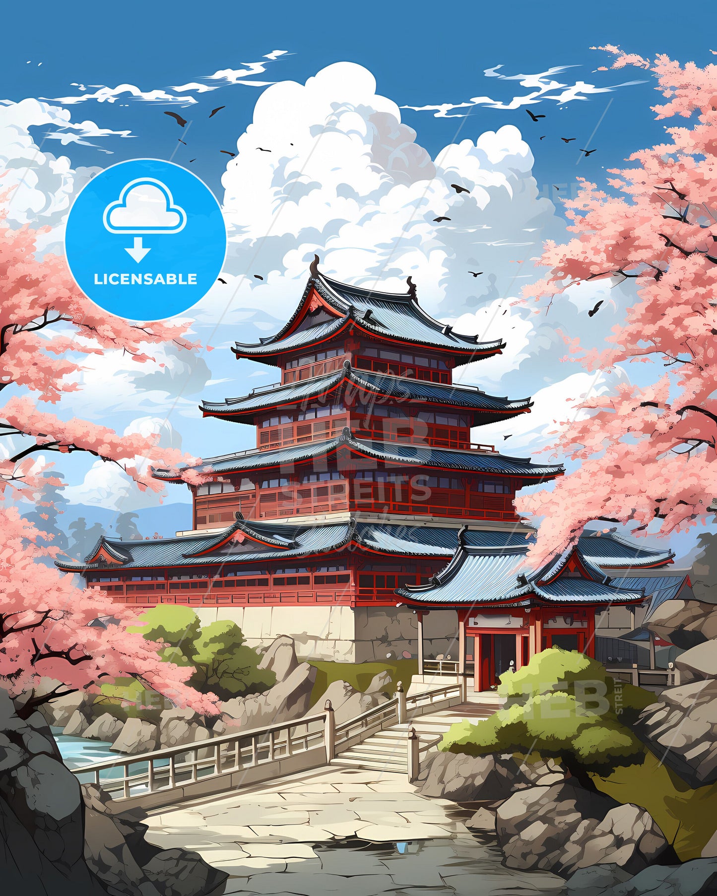 Ningbo China Traditional Art - Painting with Pagoda and Pink Flowers