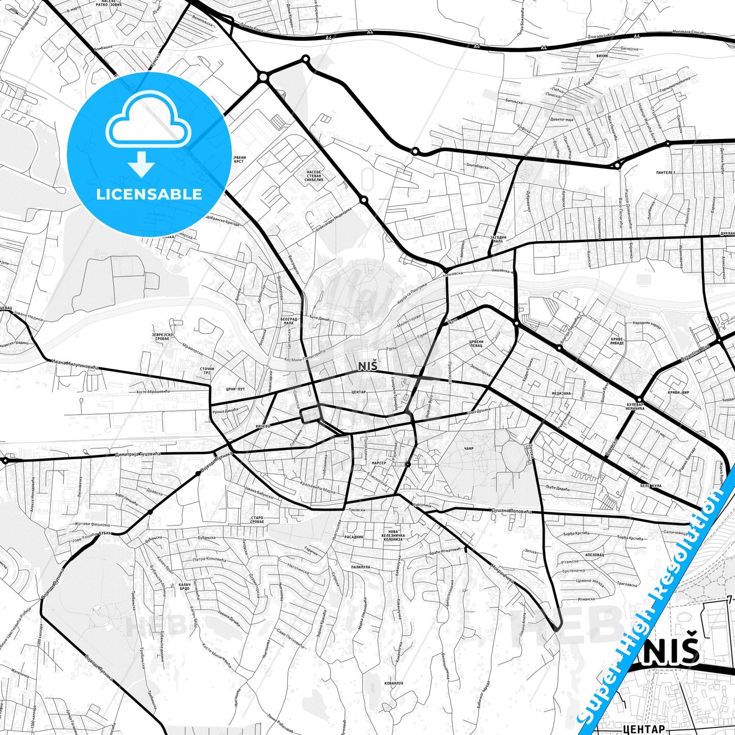 Niš, Serbia Light Map with Street Names, City Names, and Districts