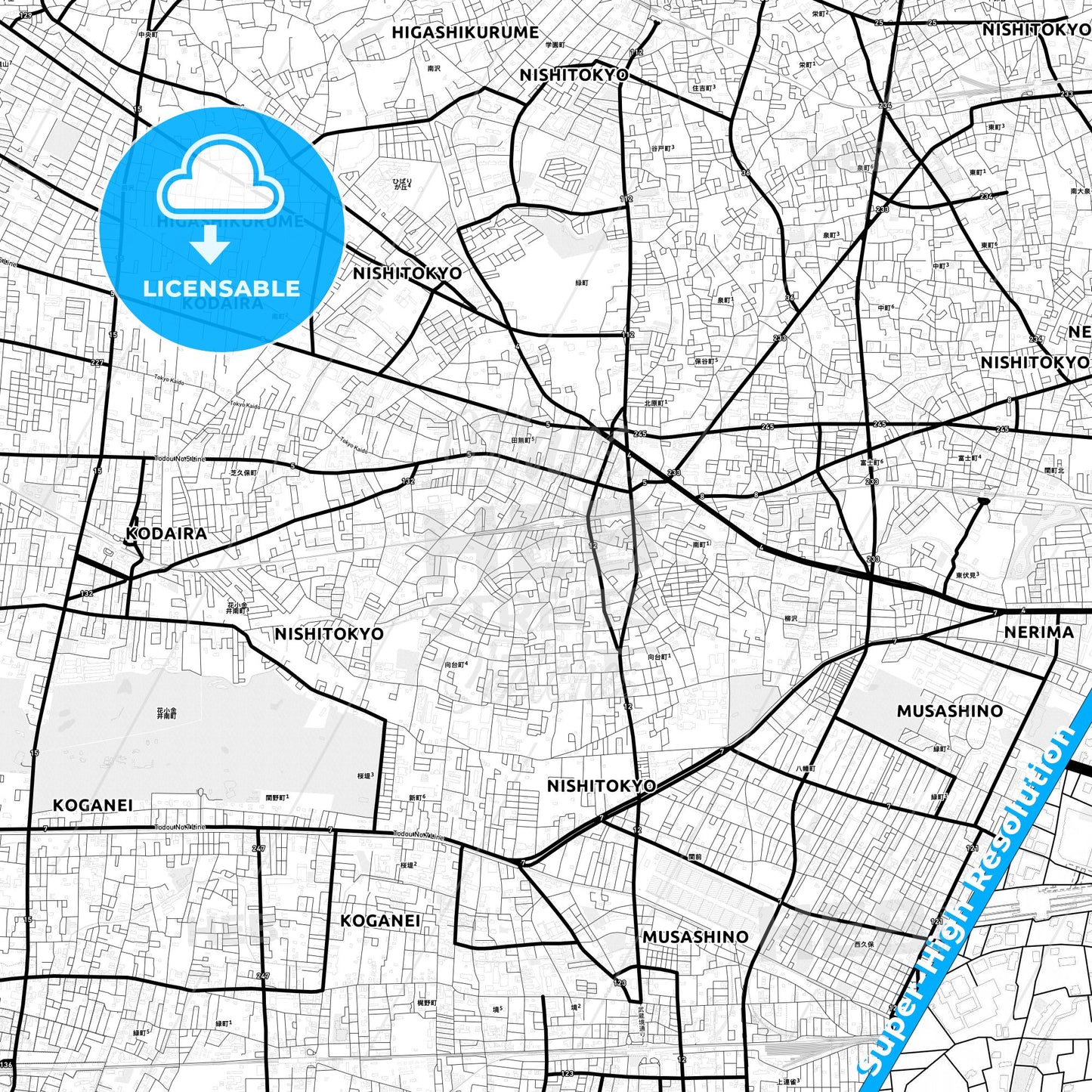 Nishitōkyō, Japan Light Map with Street Names, City Names, and Districts