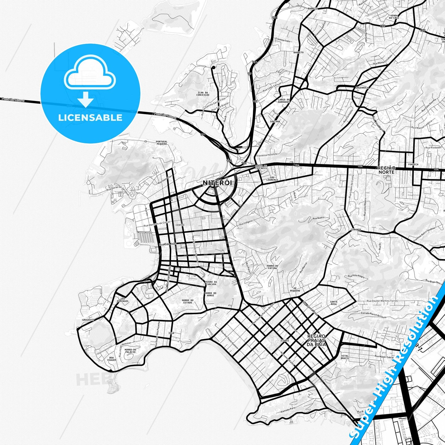 Niteroi, Brazil Light Map with Street Names, City Names, and Districts