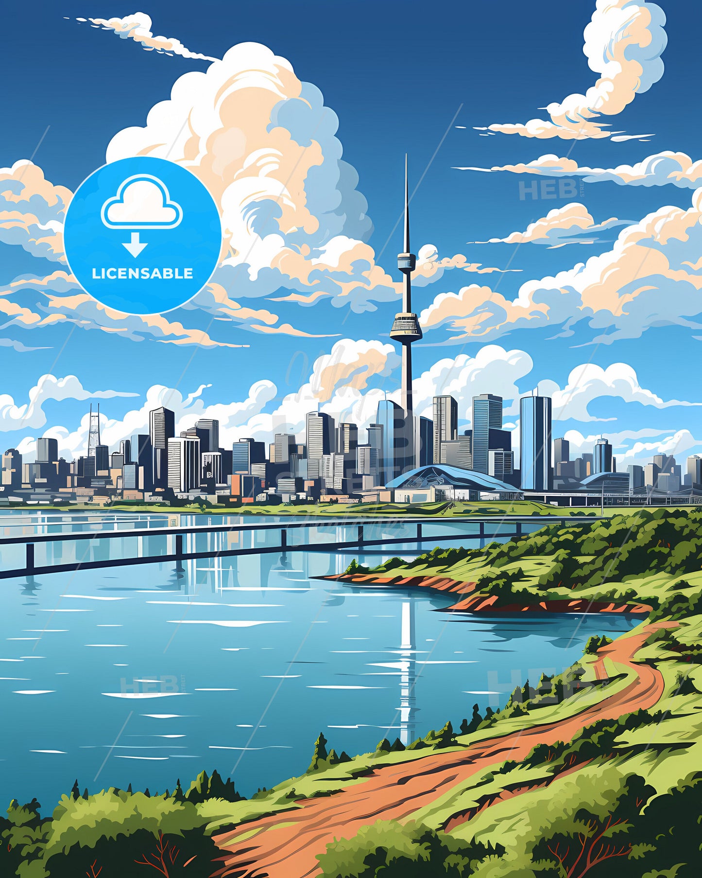 Vibrant Art Deco City Skyline Painting, Niteroi Brazil, Bridge Over Water