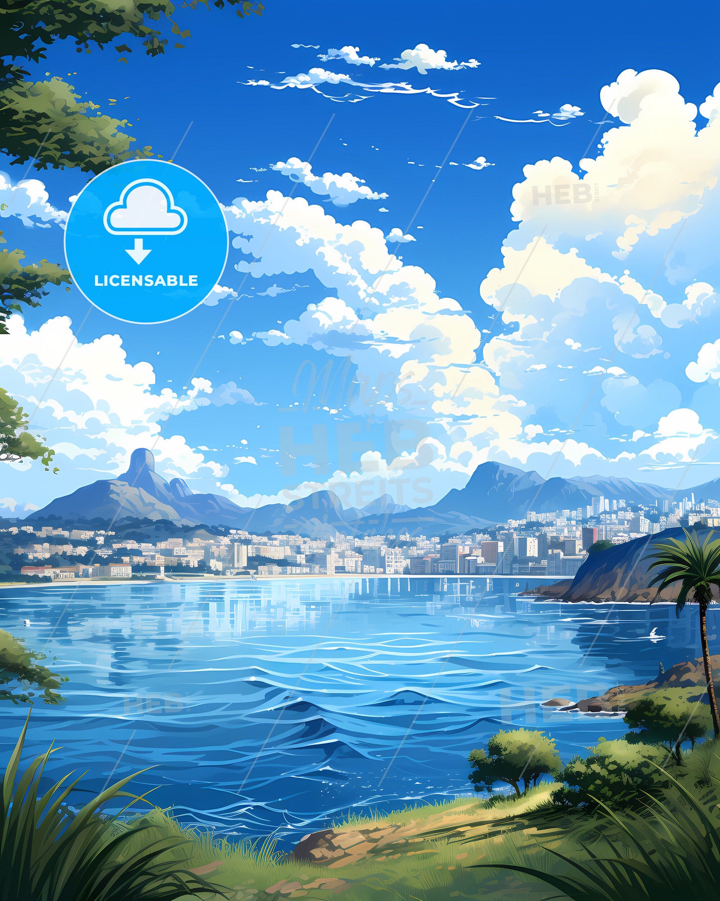 Colorful Cityscape Painting: Niteroi Brazil Skyline with Water and Greenery