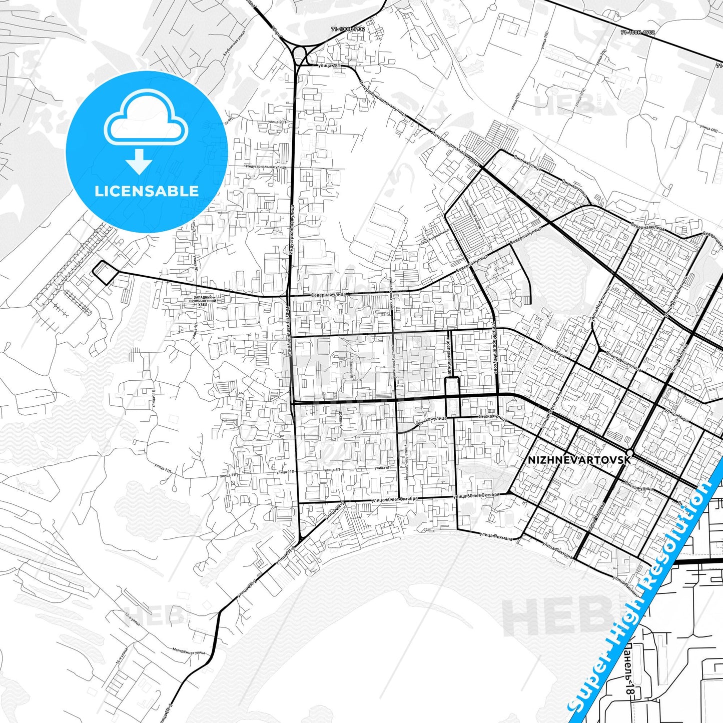 Nizhnevartovsk, Russia Light Map with Street Names, City Names, and Districts