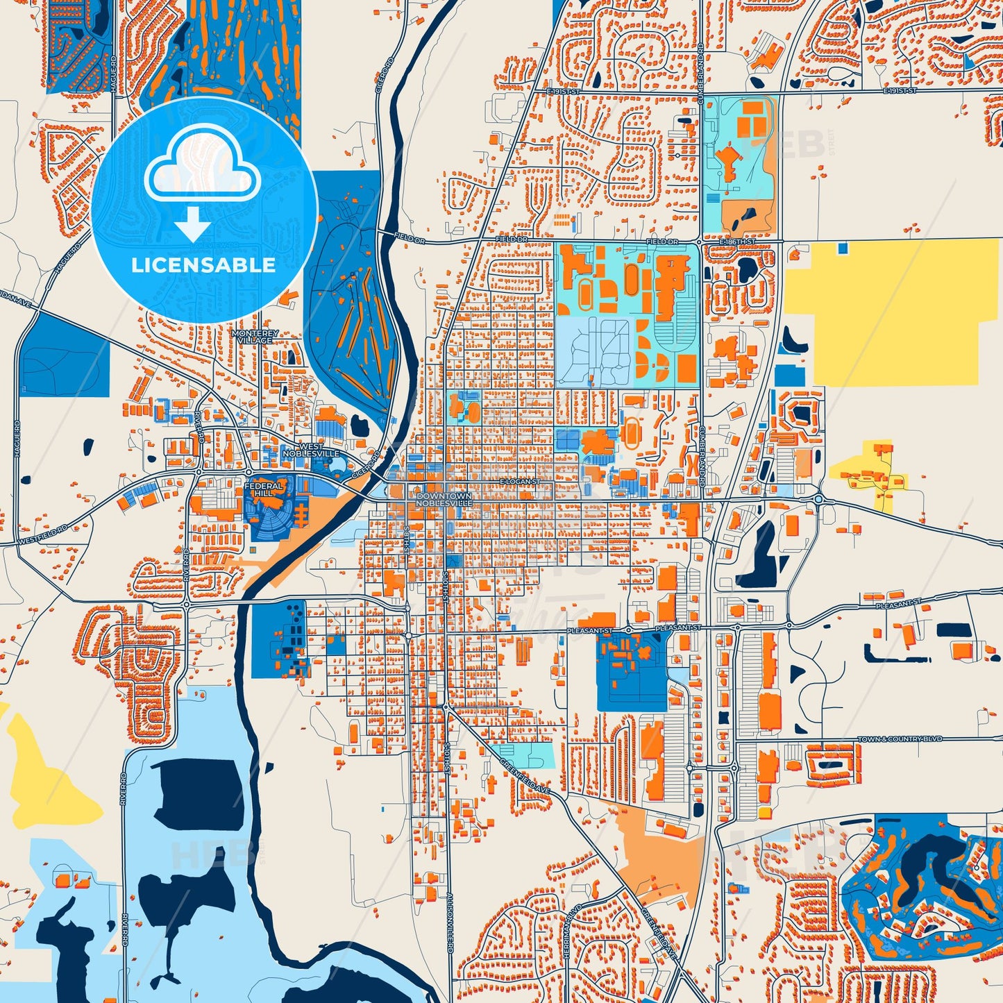 Colorful Noblesville Street Map with Labels and Buildings